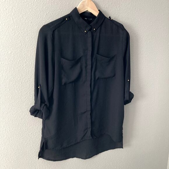 H&M Button Front Blouse - Roll Tab Sleeves - Gold Tone Button Detail - Black - 2 - Picture 9 of 10